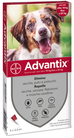 ADVANTIX SPOT ON*soluz 4 pipette 2,5 ml 250 mg + 1.250 mg cani da 10 a 25 Kg